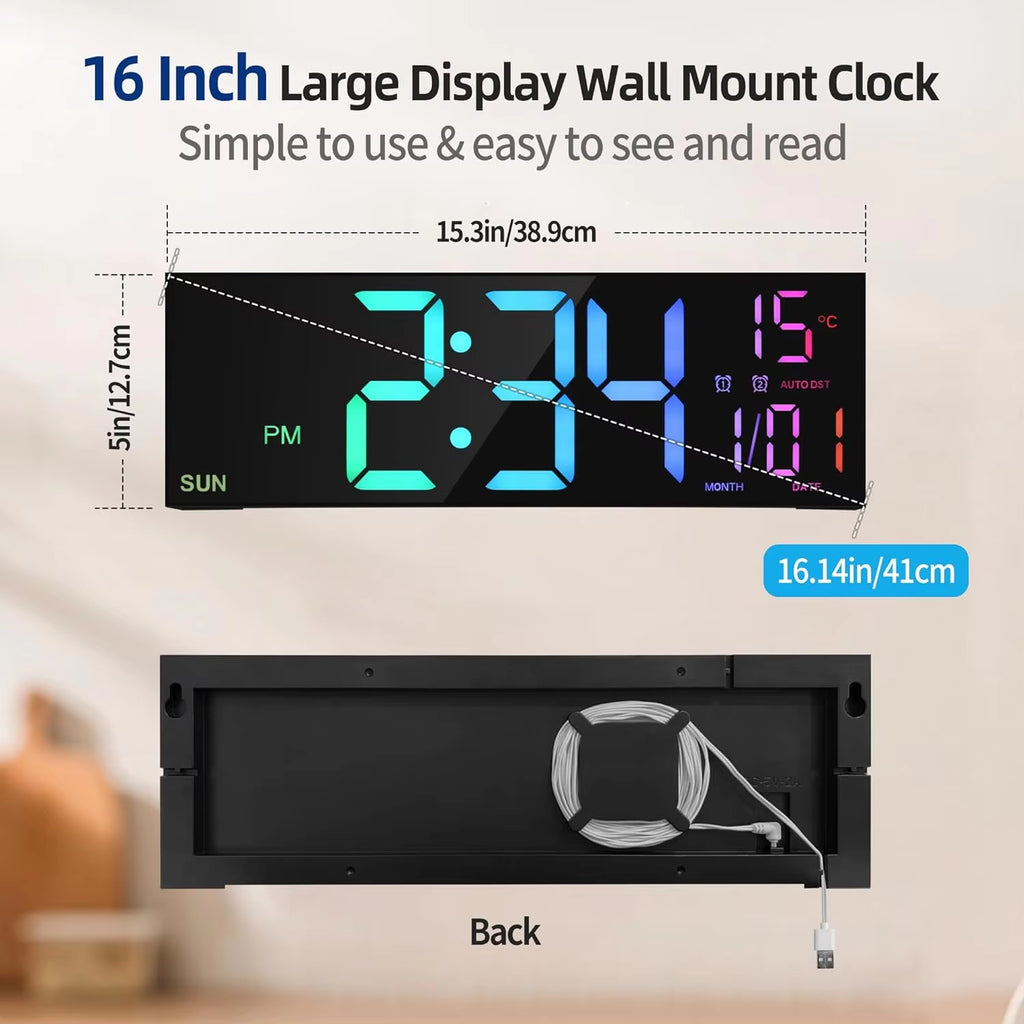 Digital Wall Clock 16.2'' – 8 RGB Colors, Dual Alarm, Remote Control