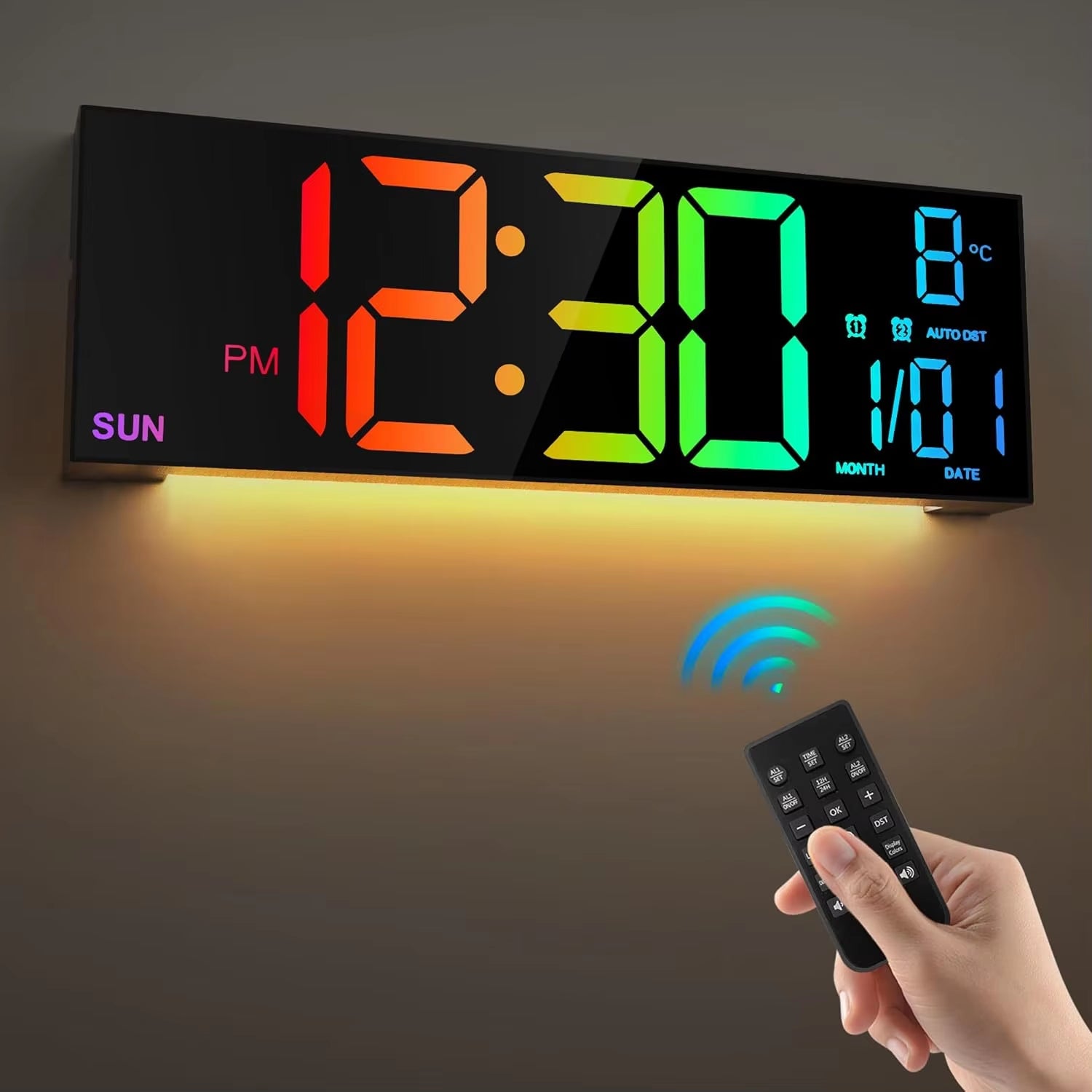 Digital Wall Clock 16.2'' – 8 RGB Colors, Dual Alarm, Remote Control