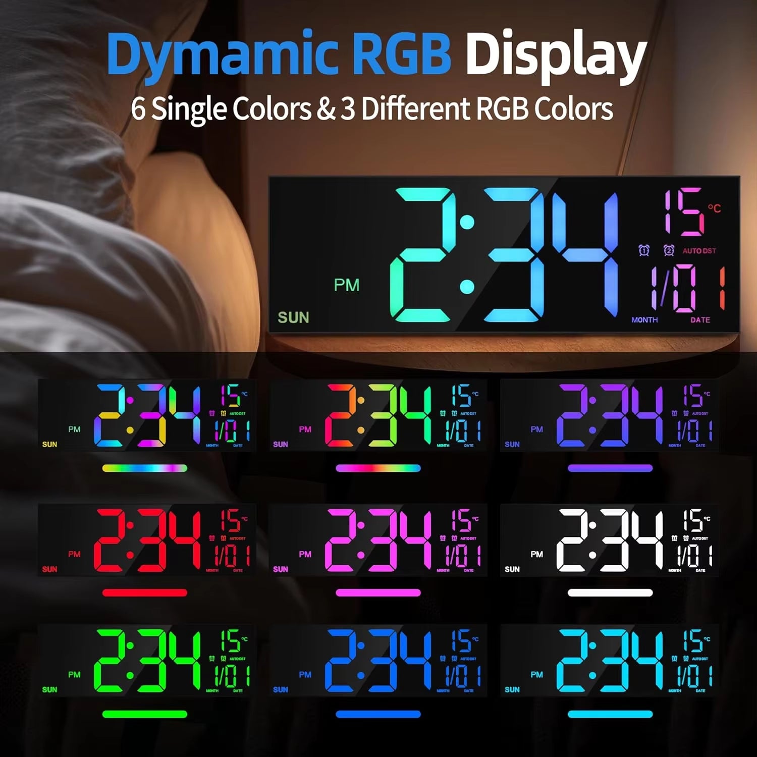 Digital Wall Clock 16.2'' – 8 RGB Colors, Dual Alarm, Remote Control