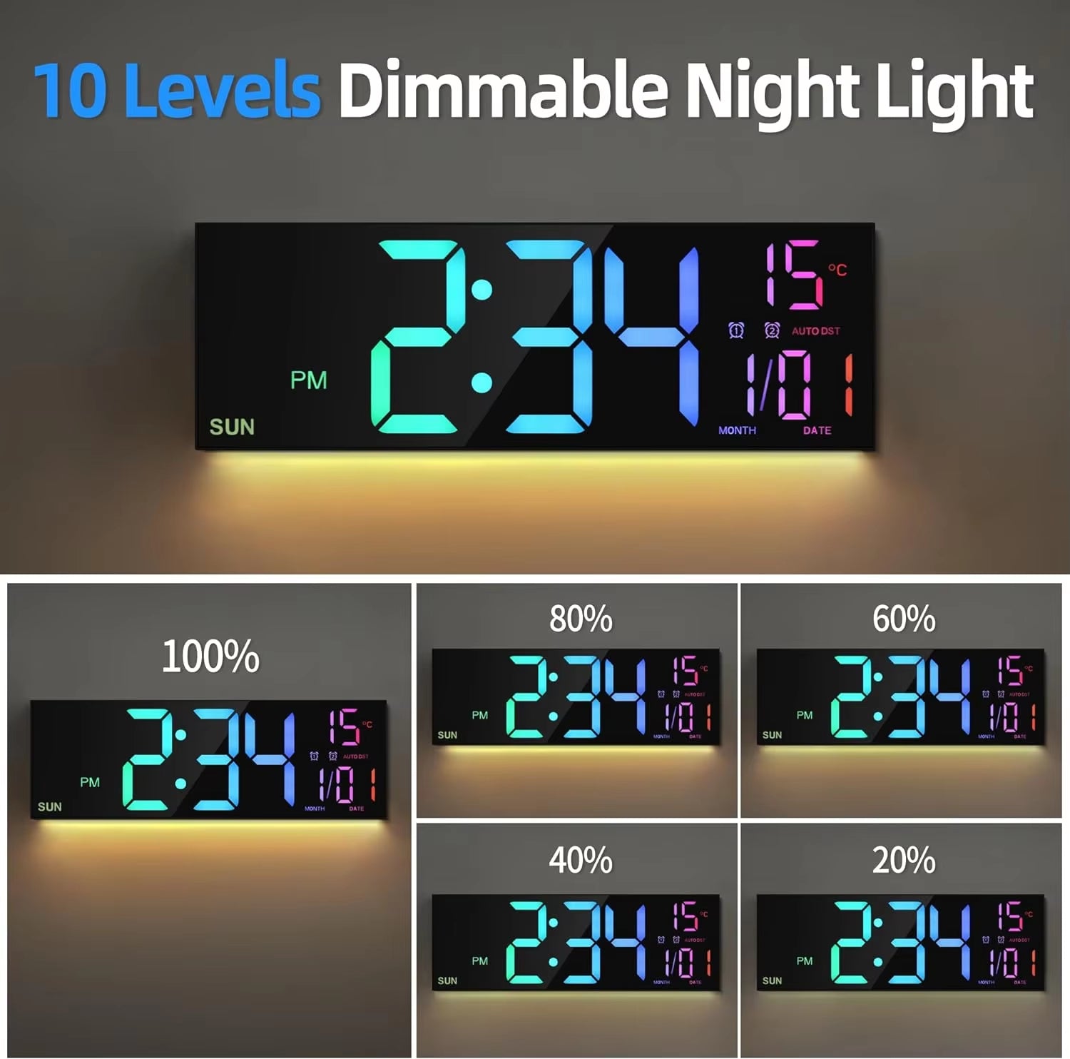 Digital Wall Clock 16.2'' – 8 RGB Colors, Dual Alarm, Remote Control