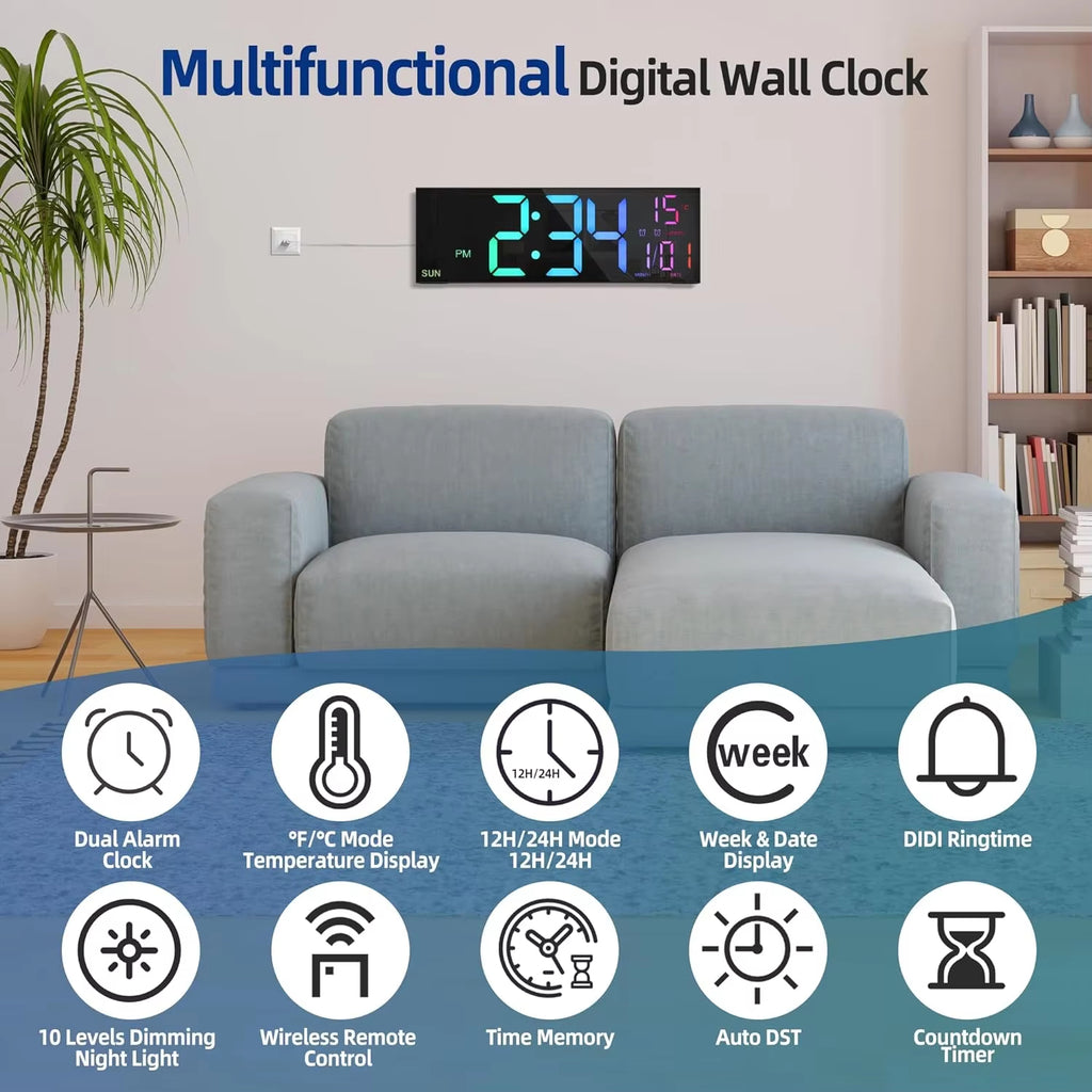 Digital Wall Clock 16.2'' – 8 RGB Colors, Dual Alarm, Remote Control