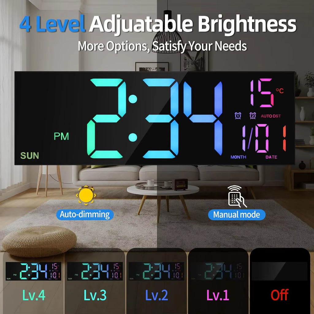 Digital Wall Clock 16.2'' – 8 RGB Colors, Dual Alarm, Remote Control