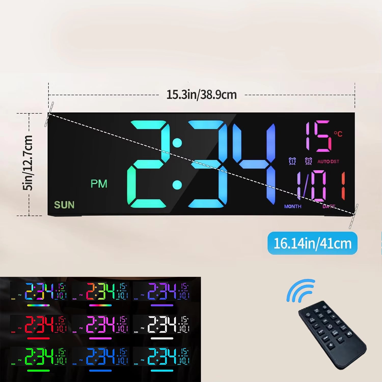 Digital Wall Clock 16.2'' – 8 RGB Colors, Dual Alarm, Remote Control